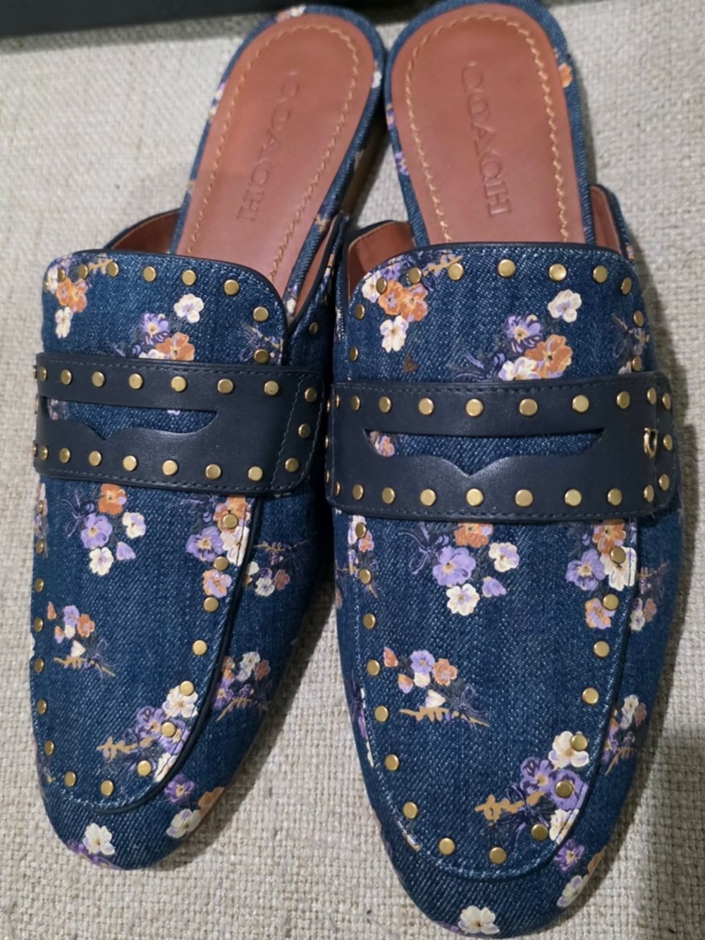 Coach Denim Floral Studded Slip-On Mules in Navy and Tan - Picture 6 of 11